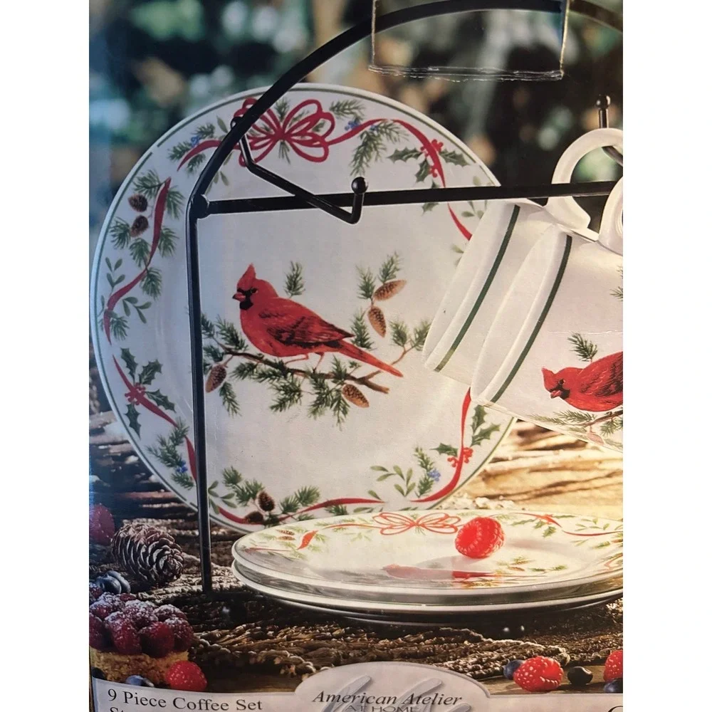 Christmas American Atelier At Home 9 pc. Stoneware Coffee Set Cardinal Bird NIB